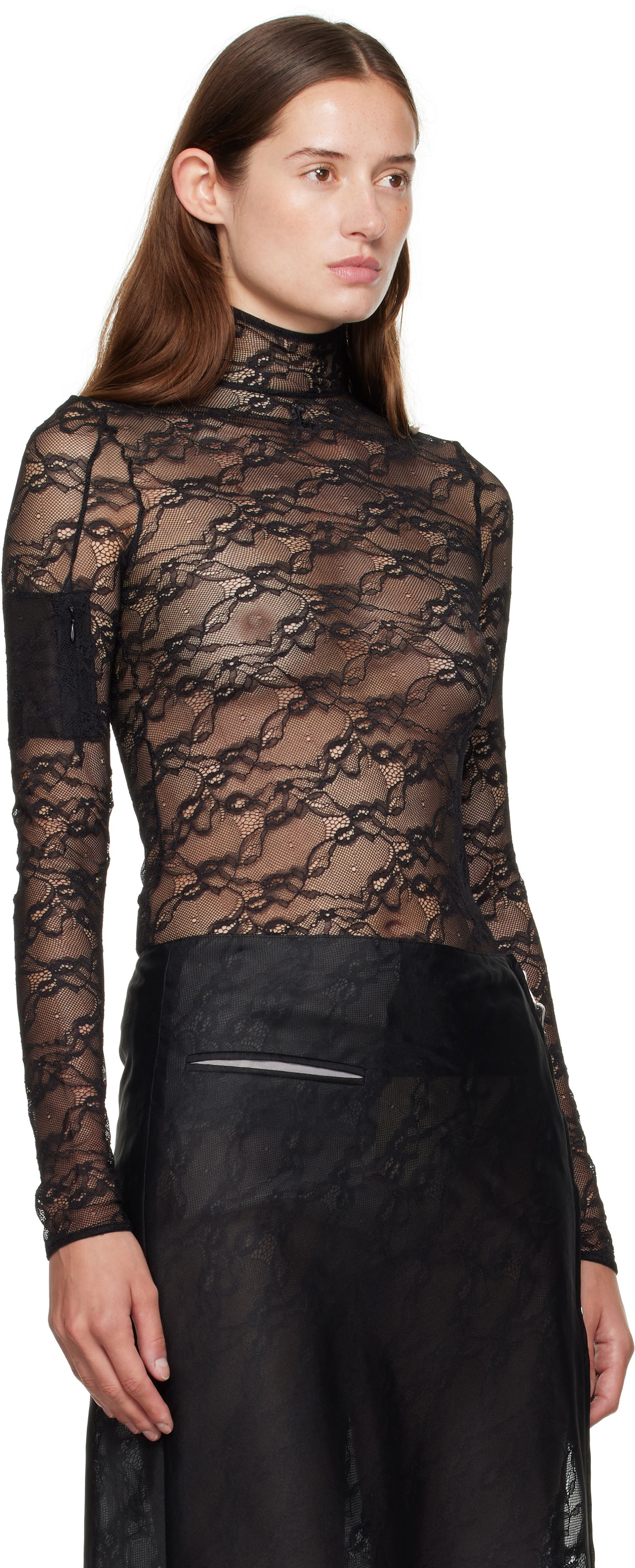 Тениска Courrèges Courrèges Lace Mock Neck Long Sleeve Top Черно | 325CTO444PA0132, 1