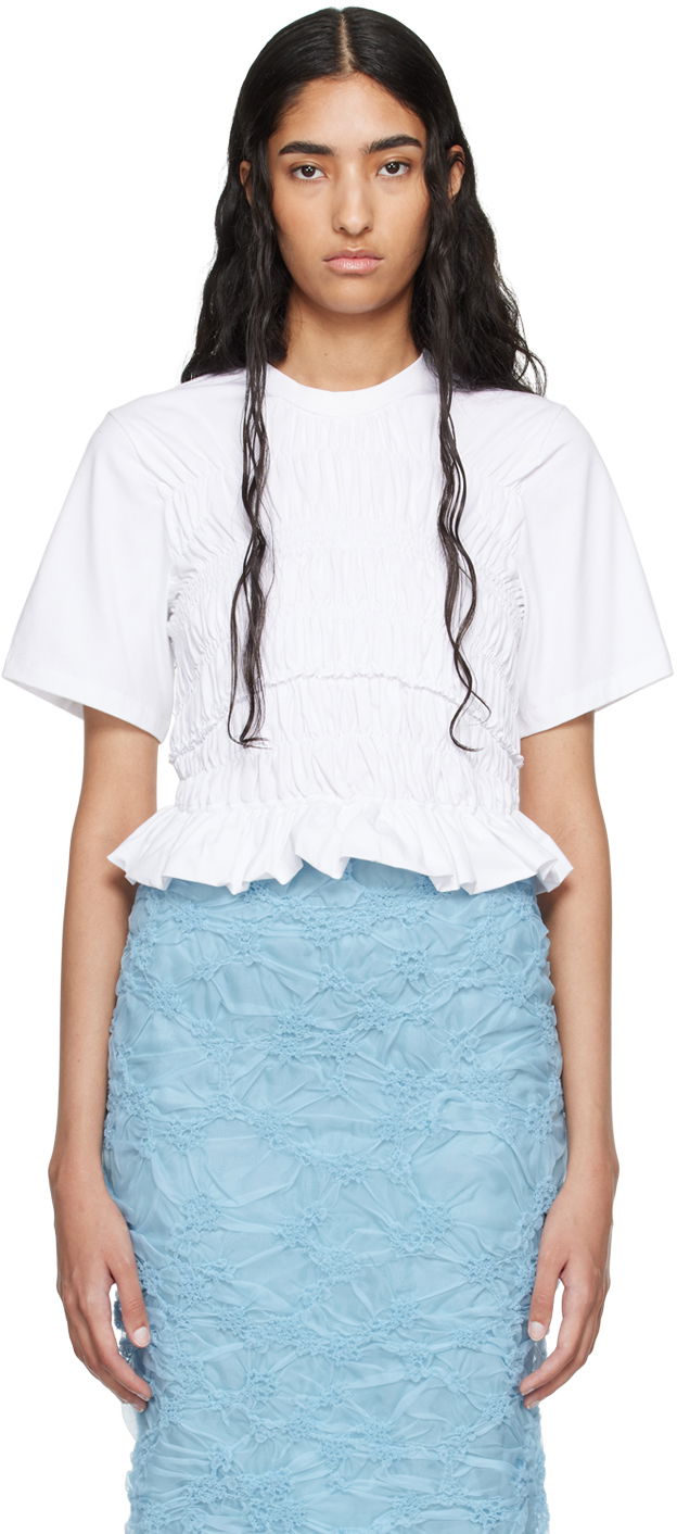 Тениска Cecilie Bahnsen Smocked Ruffle Hem T-Shirt Бяло | 2.24RTW11004 OASIS TOP, 0