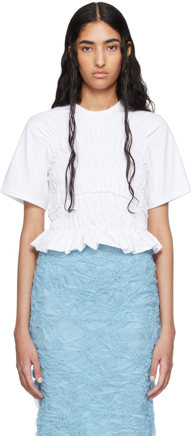 Тениска Cecilie Bahnsen Smocked Ruffle Hem T-Shirt Бяло | 2.24RTW11004 OASIS TOP