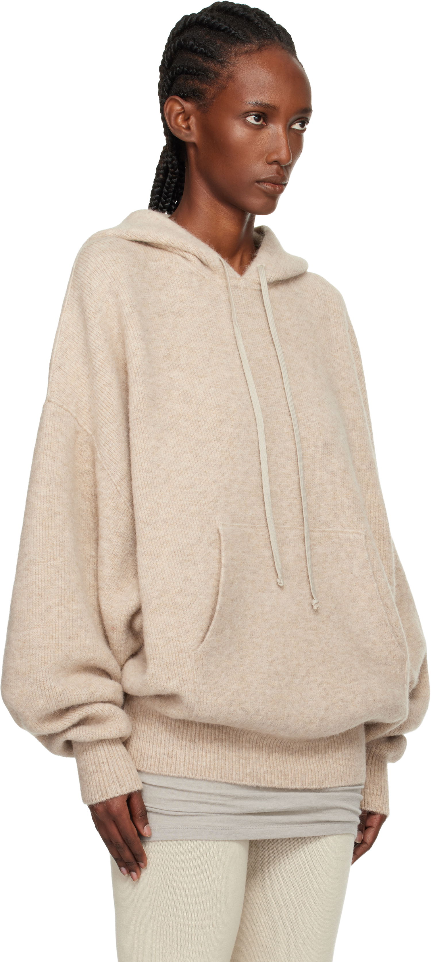 Суитчър Rick Owens Concordians Hun Oversized Knitted Hoodie with Kangaroo Pocket Бежово | RO02E4660 KWP, 1