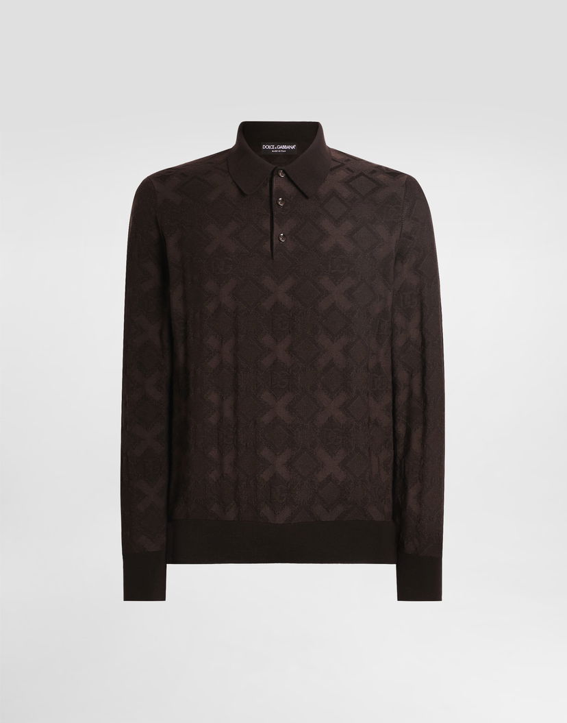 Поло тениска Dolce & Gabbana Dolce & Gabbana Wool and Silk Long Sleeve Polo Shirt with Microdot Print Кафяво | GXZ25TJGMABM1213