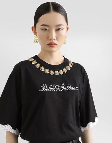 Тениска Dolce & Gabbana Dolce & Gabbana Jersey T-Shirt with Jewel Chain Embellishment Черно | F8V62ZGDC9UN0000, 1