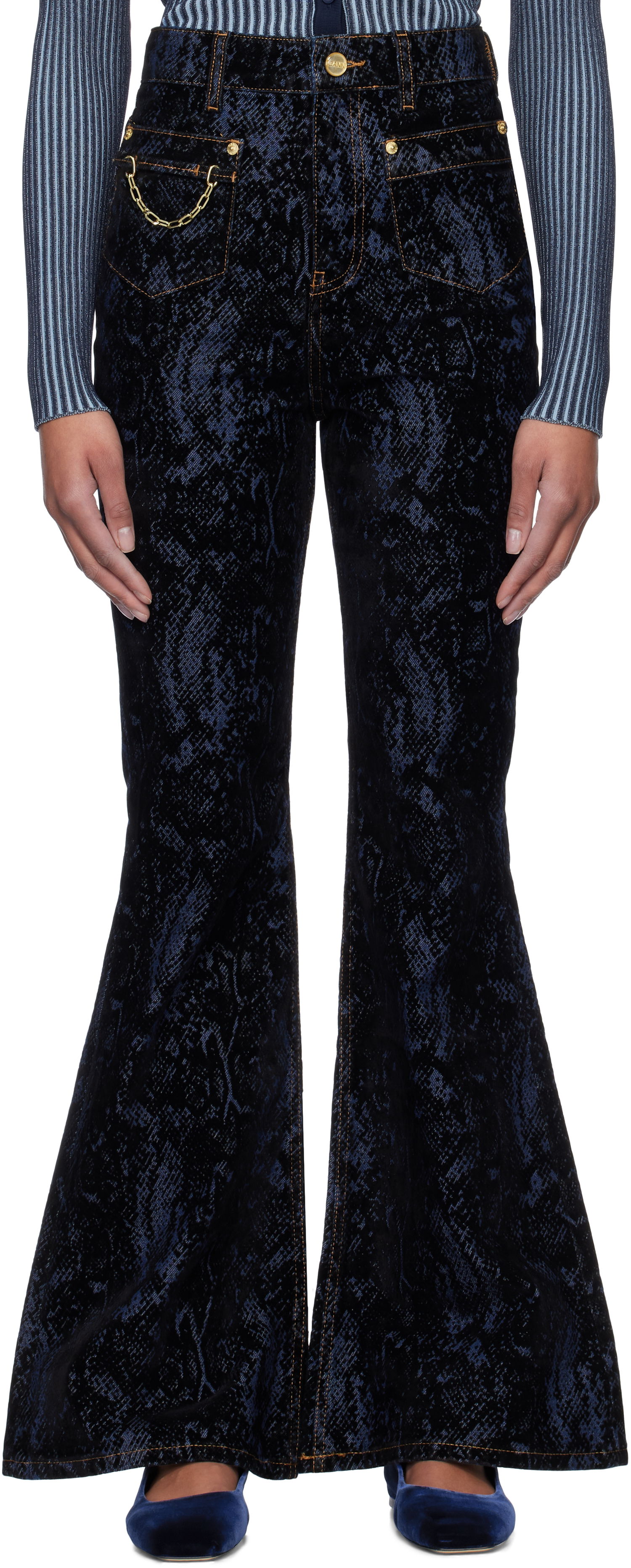 Дънки GANNI GANNI Goddi Snake Print Flare Jeans Синьо | J1612, 0