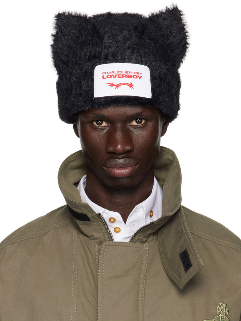 Шапка Charles Jeffrey Loverboy Black Fluffy Chunky Ears Beanie Черно | 42130501