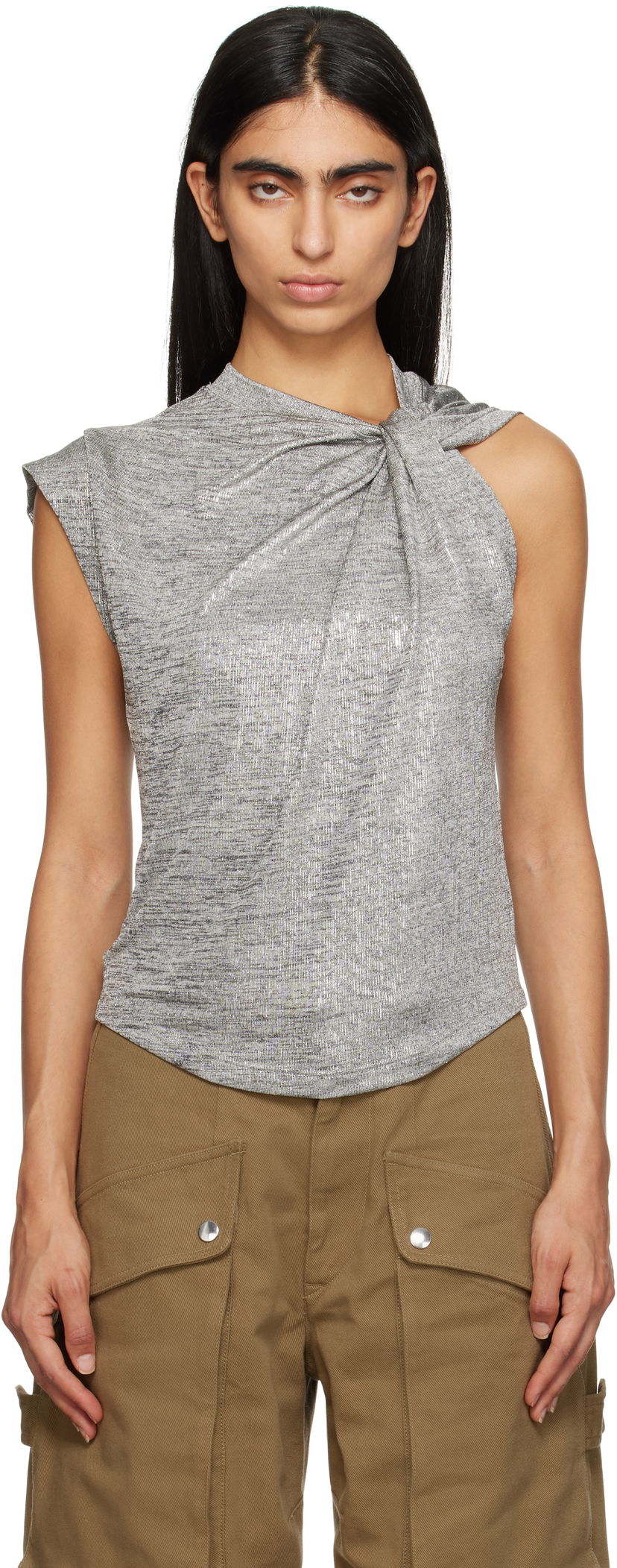 Потник Isabel Marant Étoile Isabel Marant Etoile Women's Metallic Knotted Top Сиво | 24ATS0238FA-B3N09E