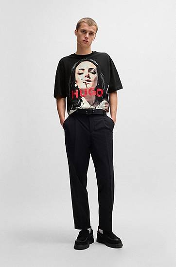 Тениска BOSS Oversized Cotton T-Shirt with High-Impact Print Черно | 50535314, 1