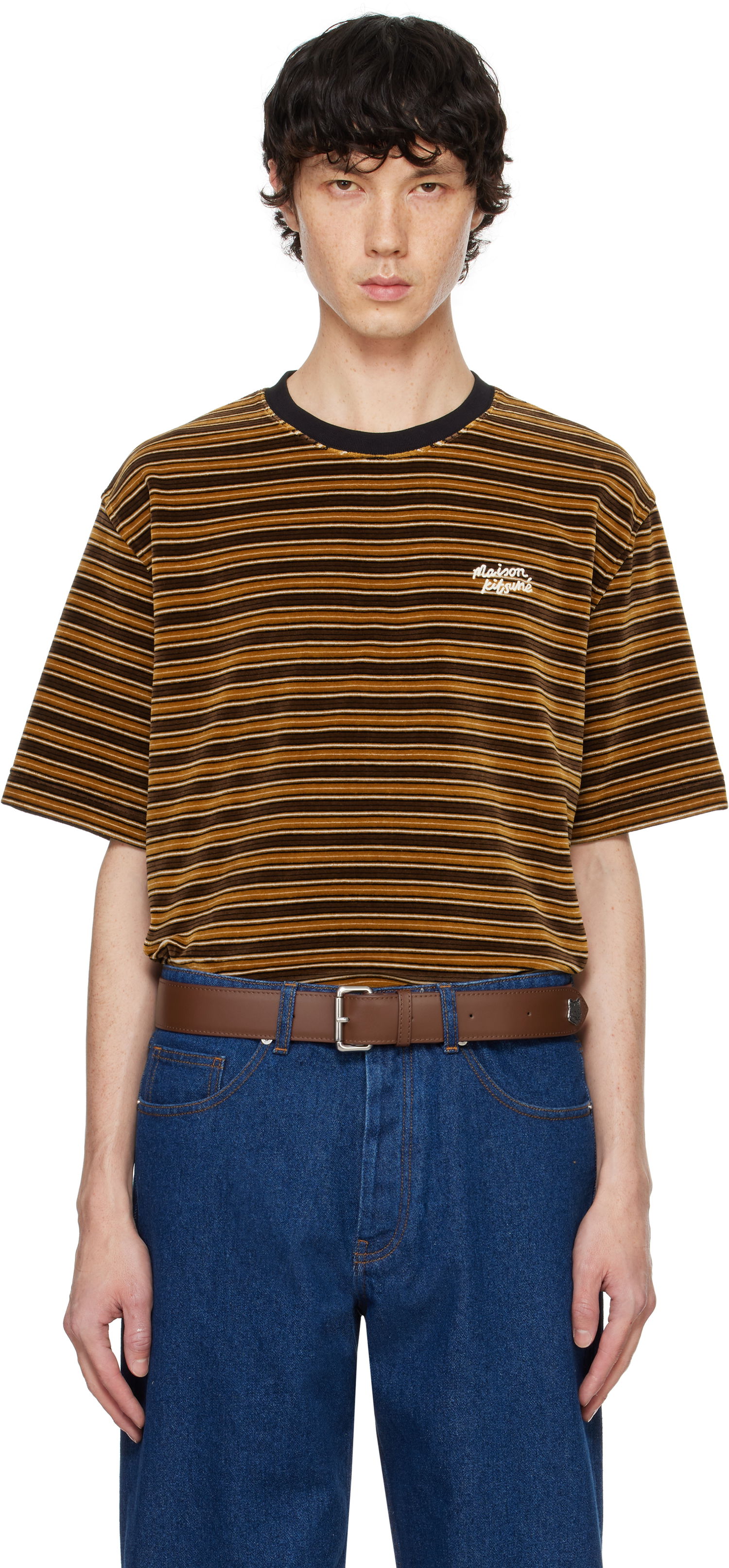 Тениска MAISON KITSUNÉ Striped Velvet Oversize T-shirt Кафяво | NM00109KA0021, 0