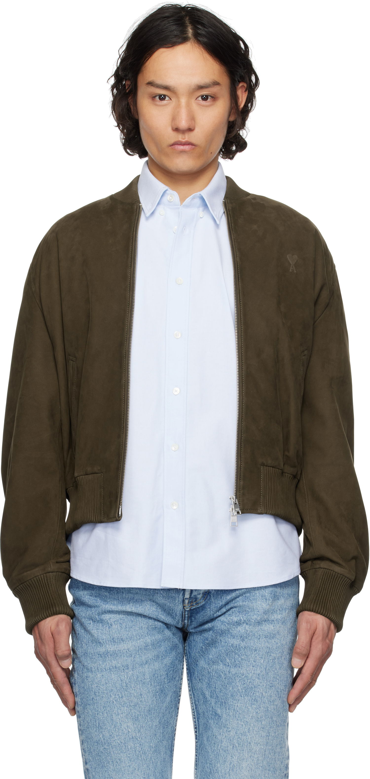 Яке бомбър AMI AMI Paris Zipped Suede Jacket Зелено | HJK152.LH0052, 0