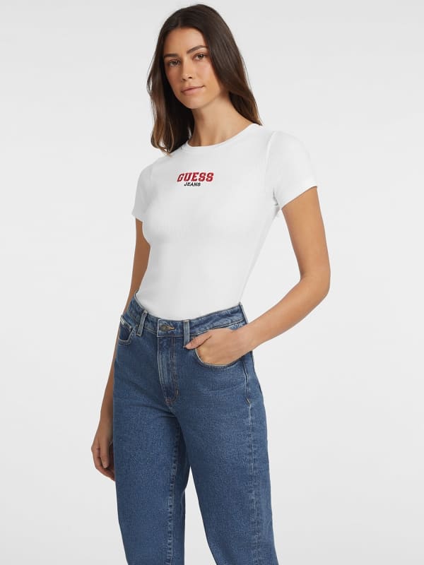 Тениска GUESS Slim Rib-Knit Embroidered Tee Бяло | W4YI64KA0H1