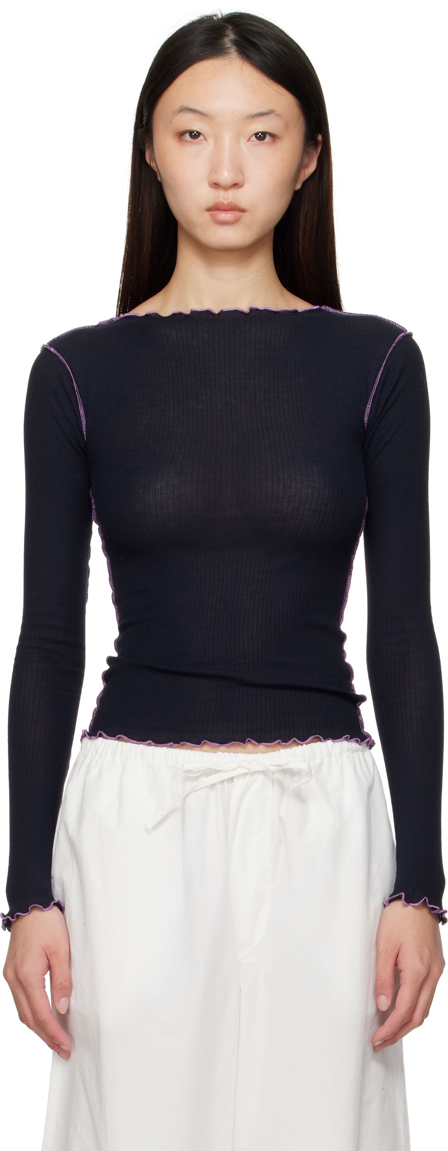 Тениска Baserange Baserange Lettuce Edge Long Sleeve T-Shirt Черно | TTVL-CR-AU25, 0