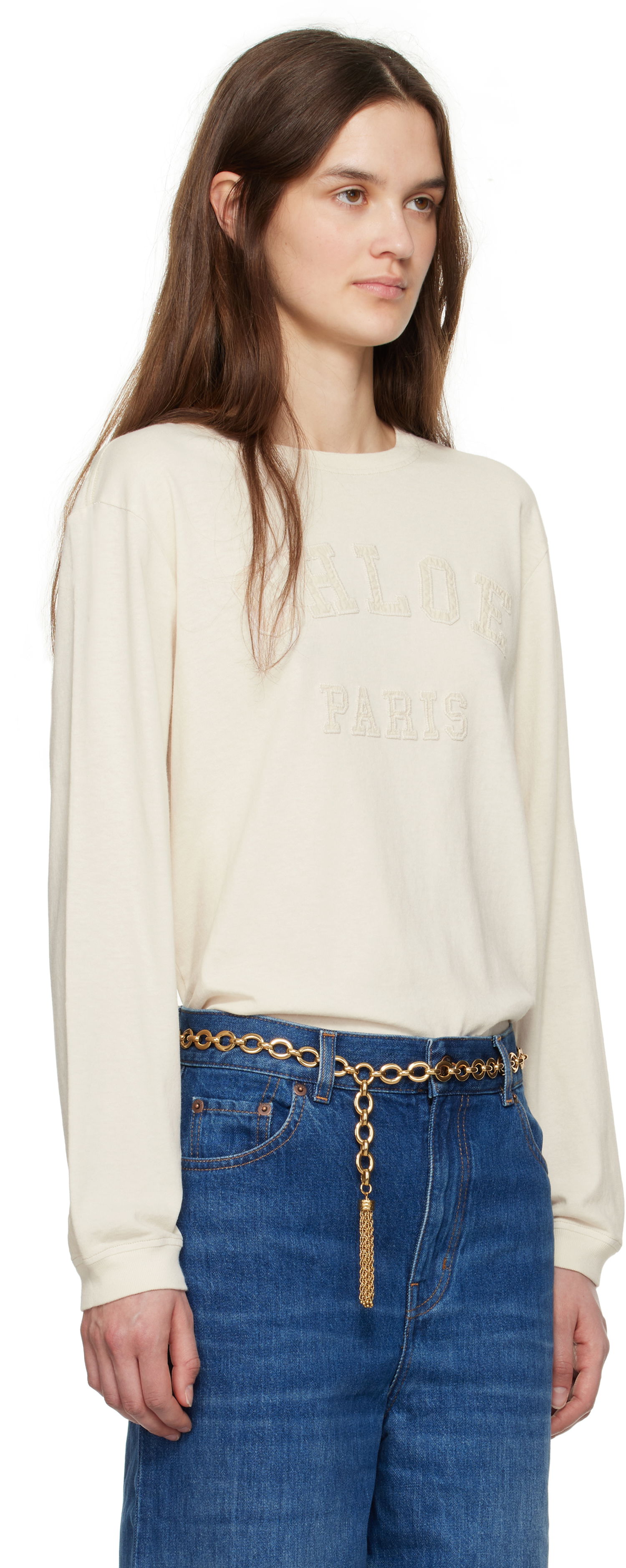Тениска CHLOÉ Chloé Oversized Logo Long Sleeve T-Shirt Бежово | CH25SJH07183, 1