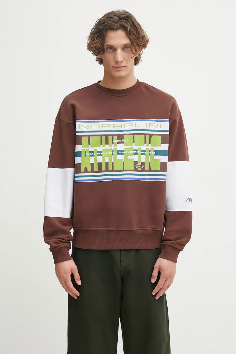 Суитчър Napapijri Martine Rose Graphic Crewneck Sweatshirt with Color-block Sleeves Кафяво | NP0A4I4ZWT11