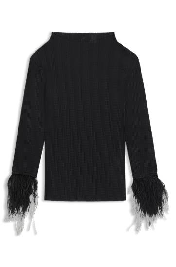 Пуловер BOSS Plissé Jacquard Top with Detachable Feather Cuff Trims Черно | 50548647, 0