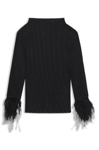 Plissé Jacquard Top with Detachable Feather Cuff Trims