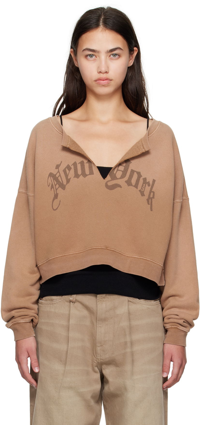 Суитчър R13 R13 'New York' Cropped Front Slit Sweatshirt Кафяво | R13WK251-001UU