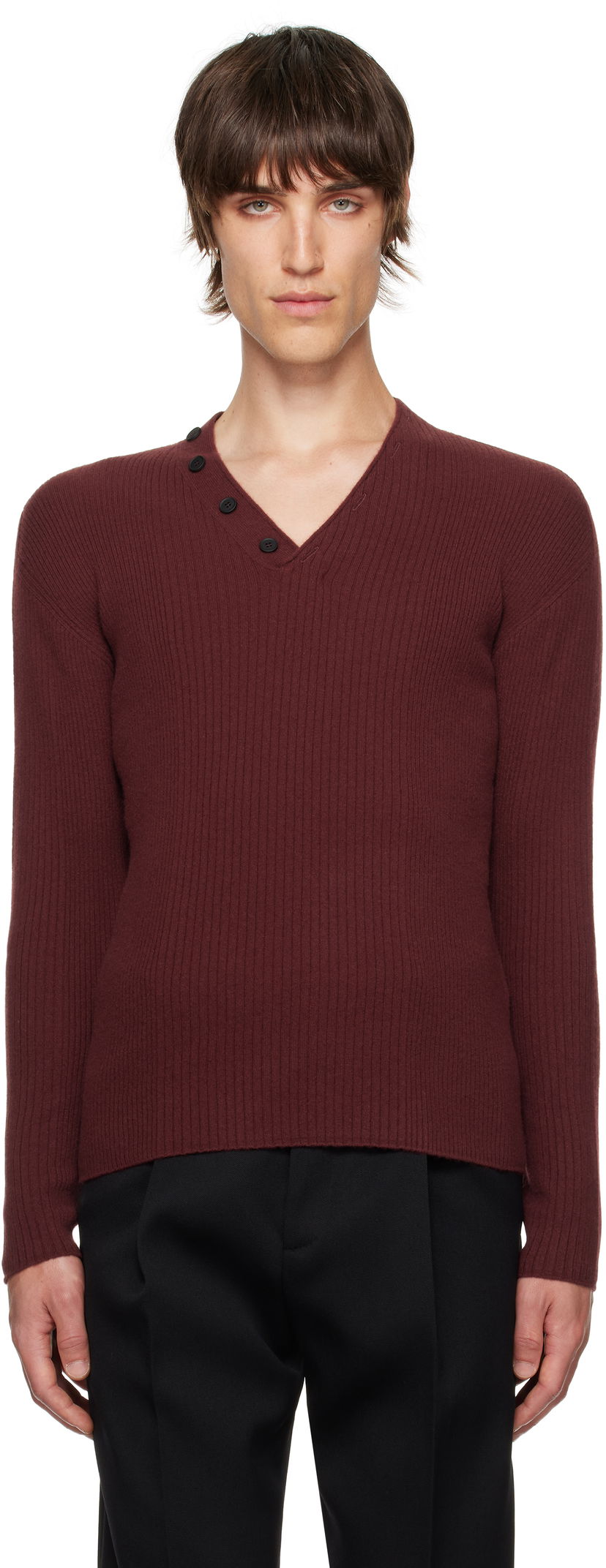 Пуловер LANVIN Ribbed V-Neck Sweater Бургунди | RM-PO0054-K048-H24