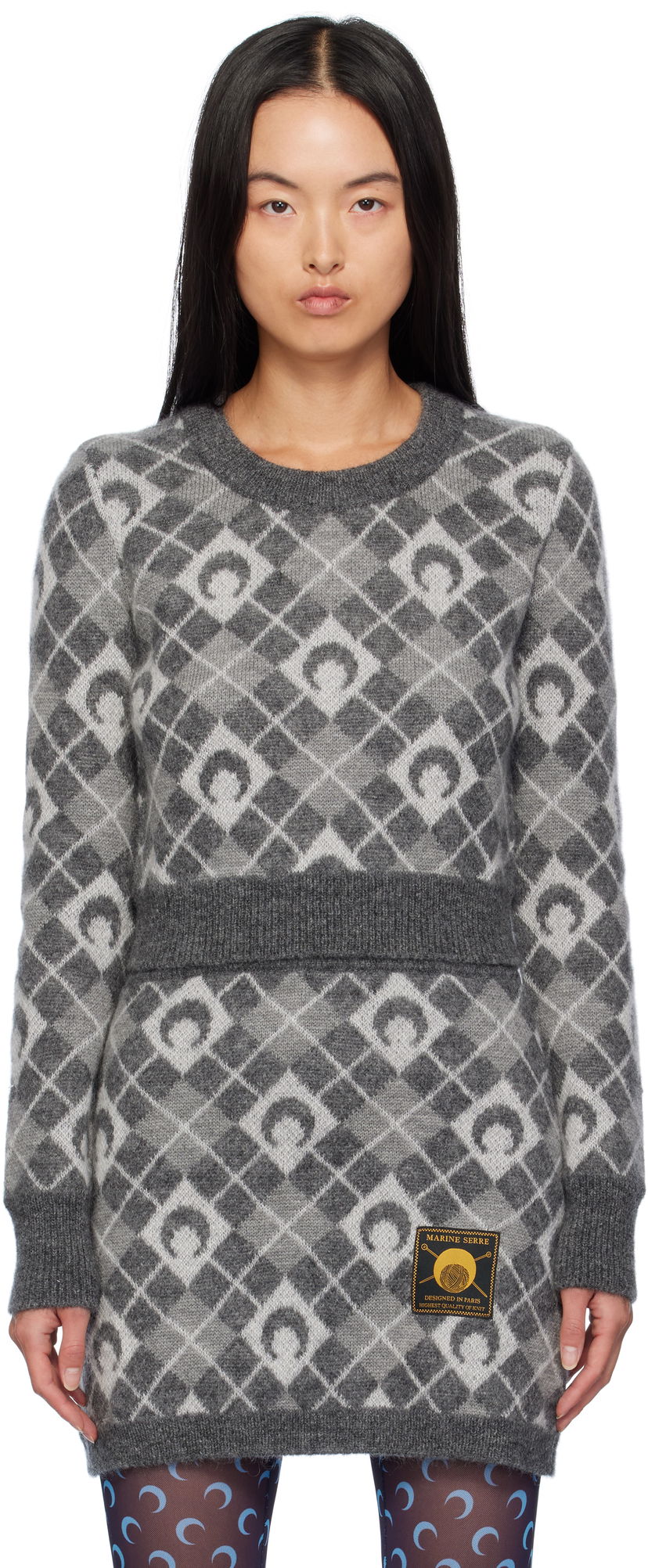 Пуловер Marine Serre Argyle Knit Cropped Sweater Сиво | WTK044A