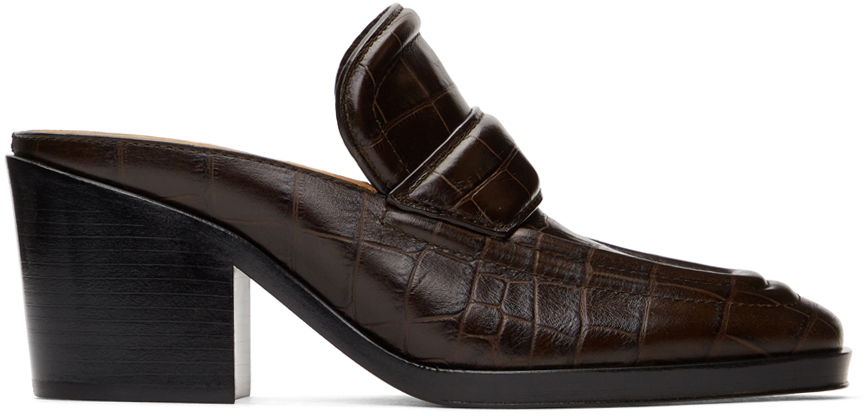 Кецове и обувки Bottega Veneta Croc Embossed Leather Heeled Mules Кафяво | 651366 V0G80, 0