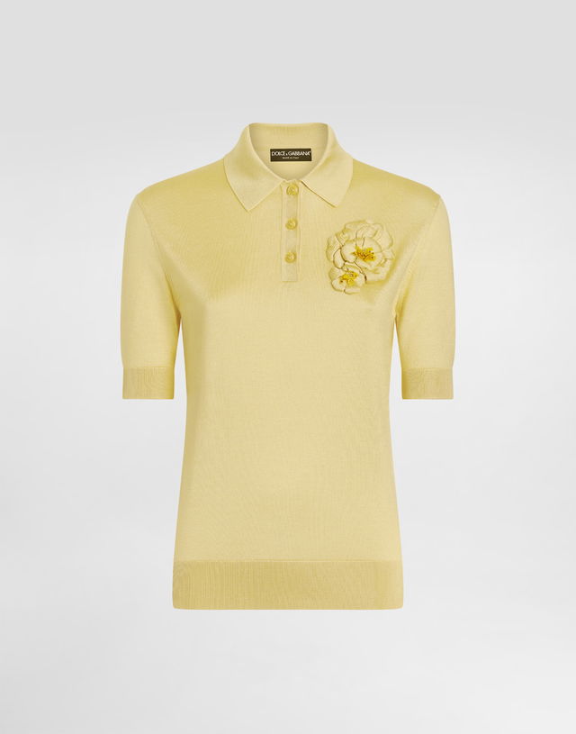 Dolce & Gabbana Silk Polo Shirt with Flower Brooch