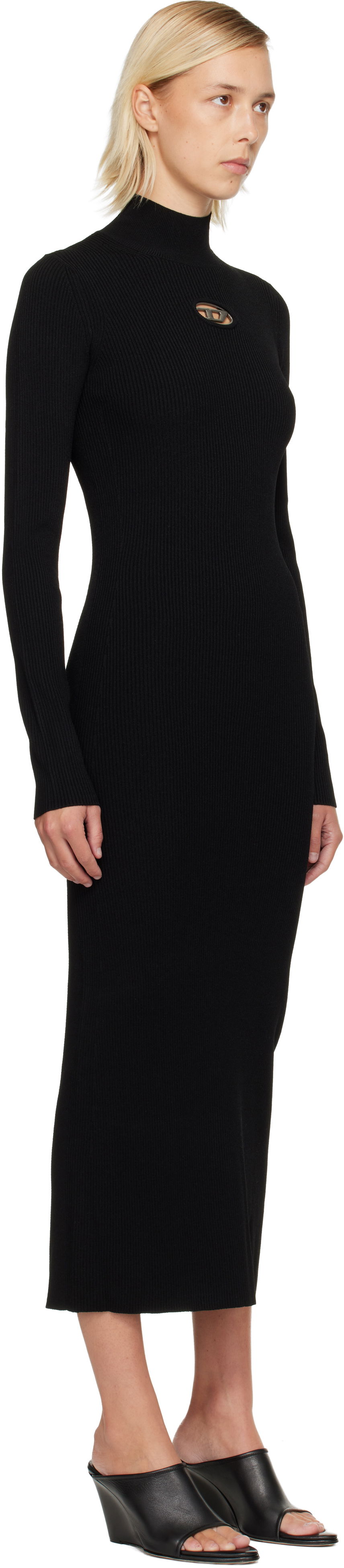 Pокля Diesel Ribbed knit long-sleeve mock neck maxi dress with metallic cut-out Черно | A14186 0DLAX, 1