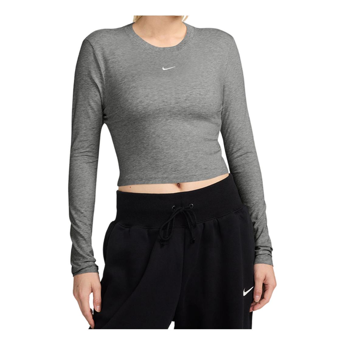 Съкратен топ Nike Women's Slim-Fit Cropped Long Sleeve T-Shirt Сиво | HF5323-023, 0