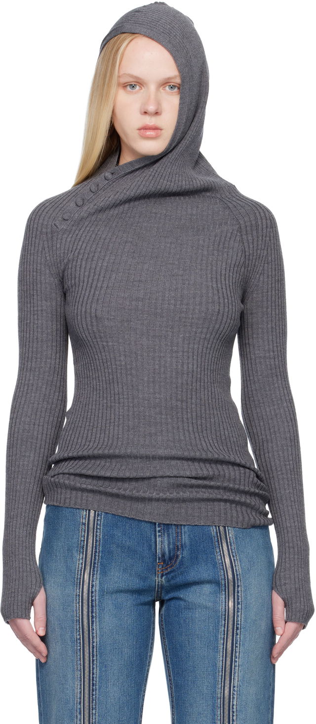 Asymmetric Ribbed Knit Long-Sleeve Hoodie with Buttons
