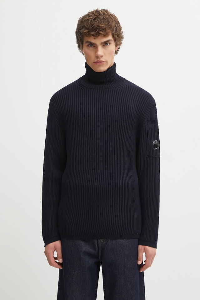 Ribbed Wool Blend Turtleneck Sweater with Sleeve Pocket