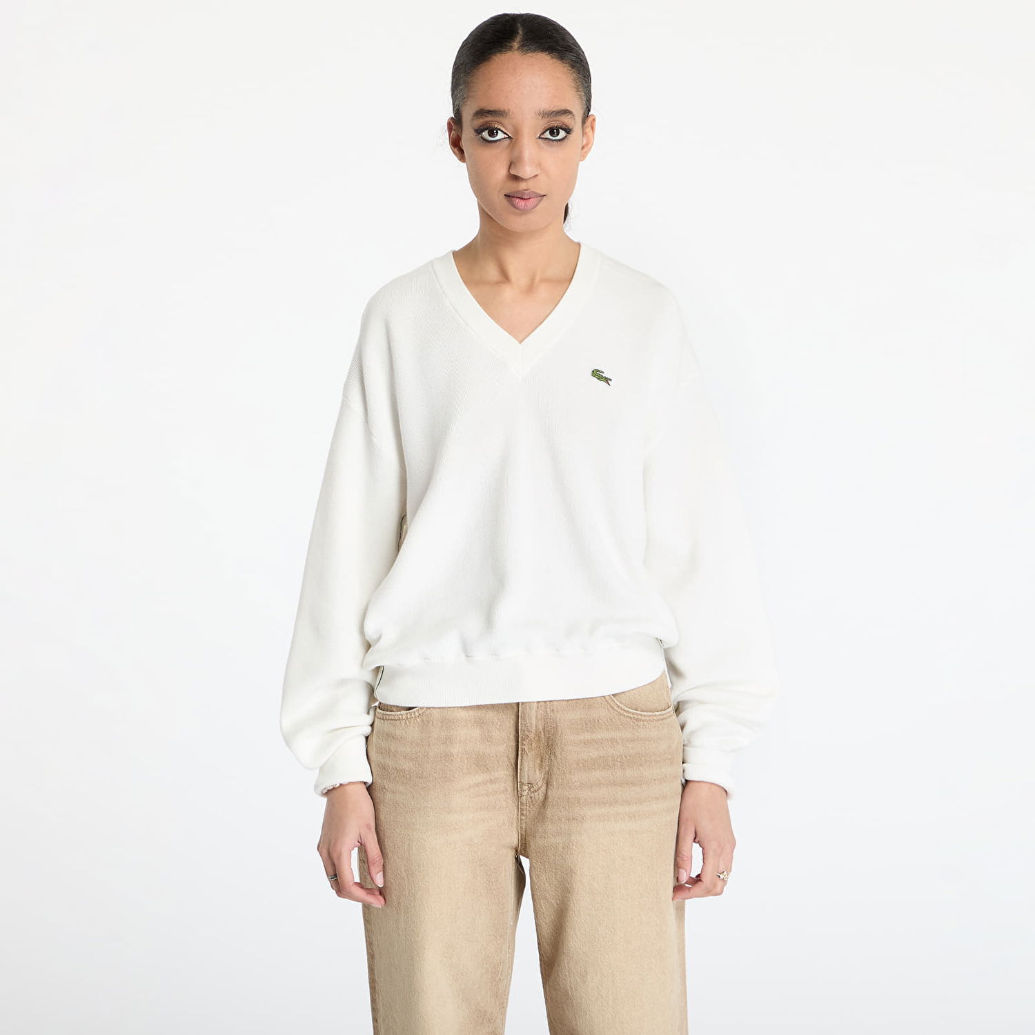 Пуловер Lacoste Lacoste Moss Stitch V-Neck Sweater Бяло | AF5622 70V, 0