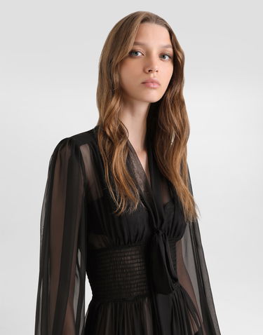 Pокля Dolce & Gabbana Dolce & Gabbana Chiffon Silk V-Neck Tie-Front Ruched Midi Dress Черно | F60GMTFU1ATN0000, 3