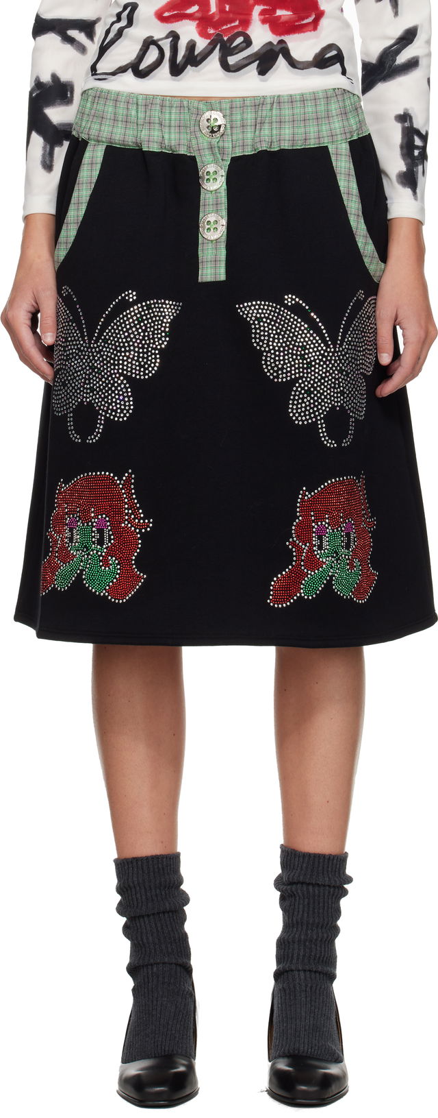 Chopova Lowena Quimby Plaid-Trim Beaded Midi Skirt