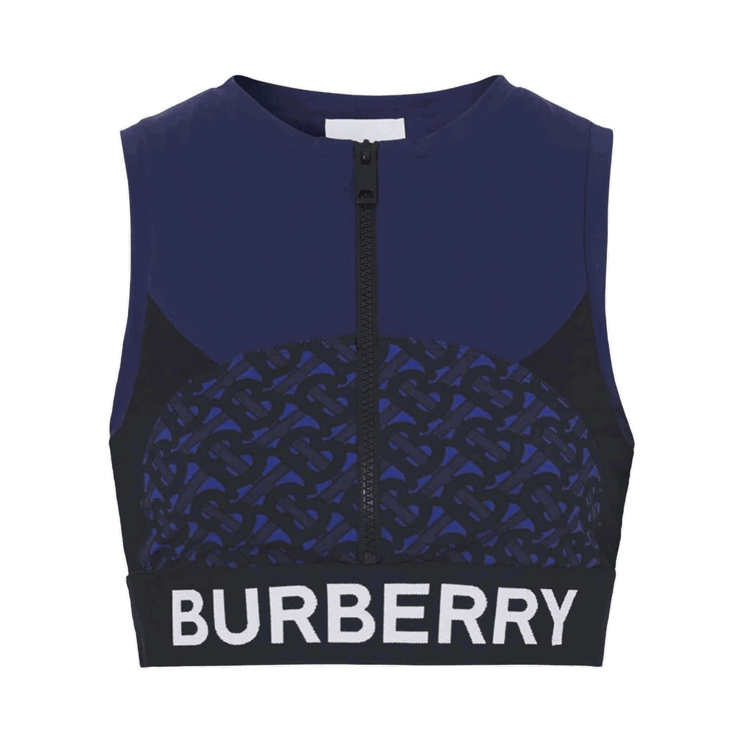 Съкратен топ Burberry Tb Monogram Print Zipped Crop Top Тъмно синьо | 8047656, 0