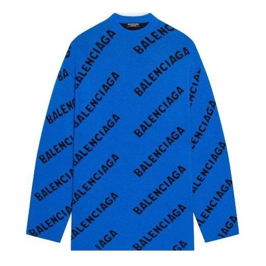 Пуловер Balenciaga All Over Logo Crewneck Knit Sweater Синьо | 657400T15673964