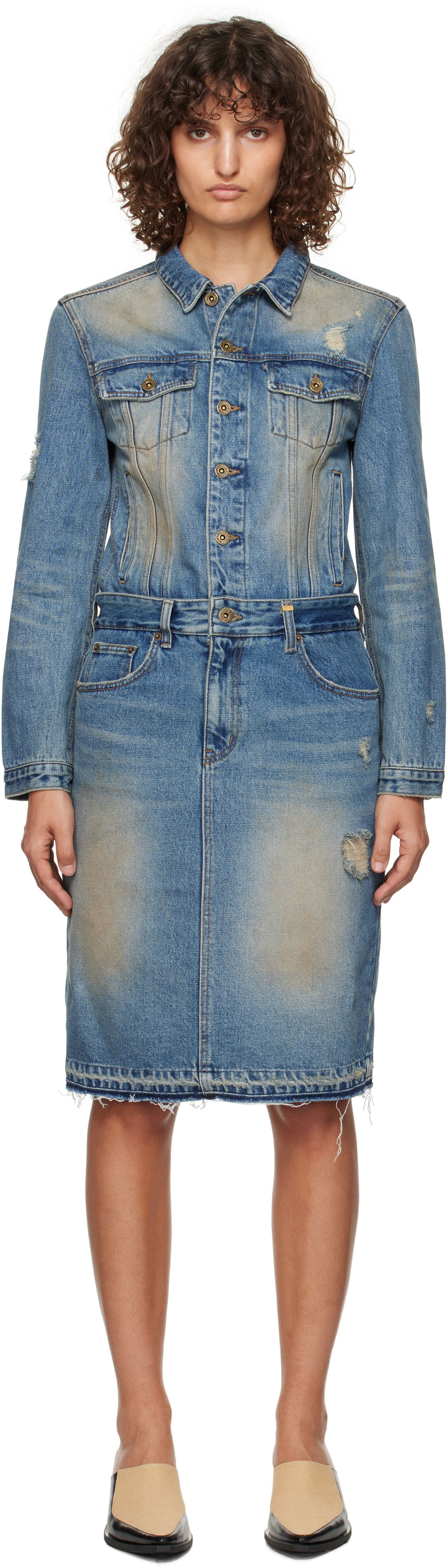 Pокля We11done We11done Washed Denim Midi Dress Синьо | WD-DO3-24-304-W-BL, 0