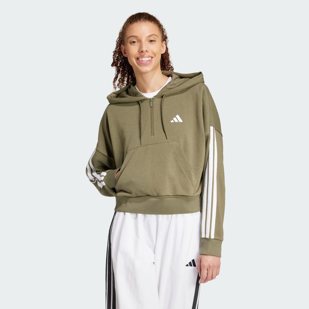 Суитчър adidas Performance Essentials 3-Stripes French Terry Quarter-Zip Cropped Hoodie Зелено | JN1950, 0