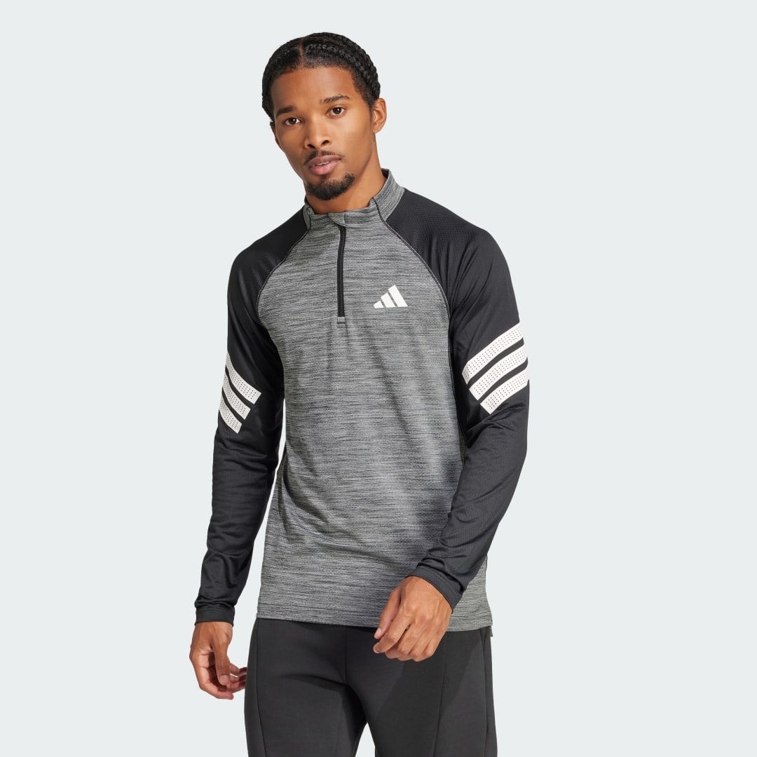 Суитчър adidas Performance 3-Stripes Quarter-Zip Long Sleeve Athletic Shirt Сиво | JC5227, 0