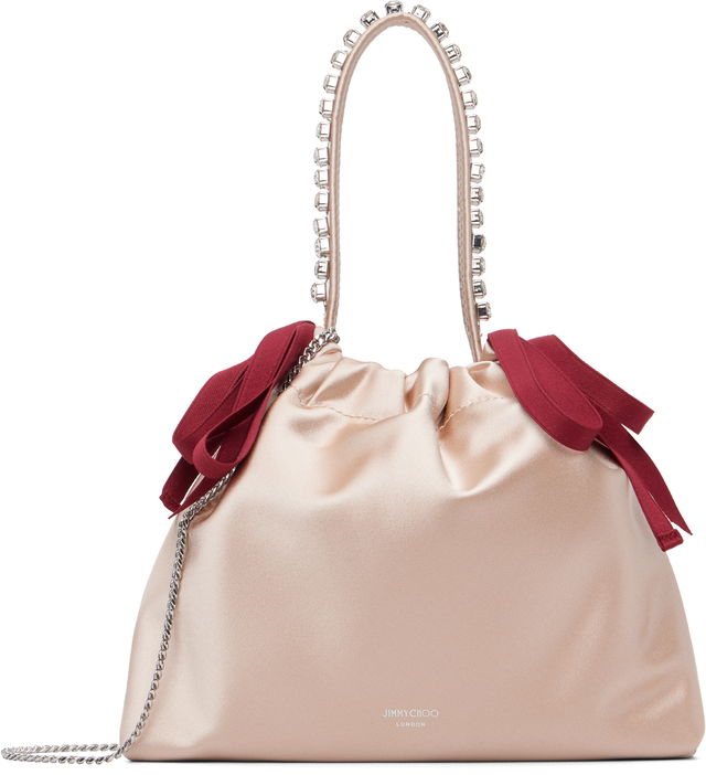Satin Drawstring Mini Bag with Crystal Top Handle and Red Bows