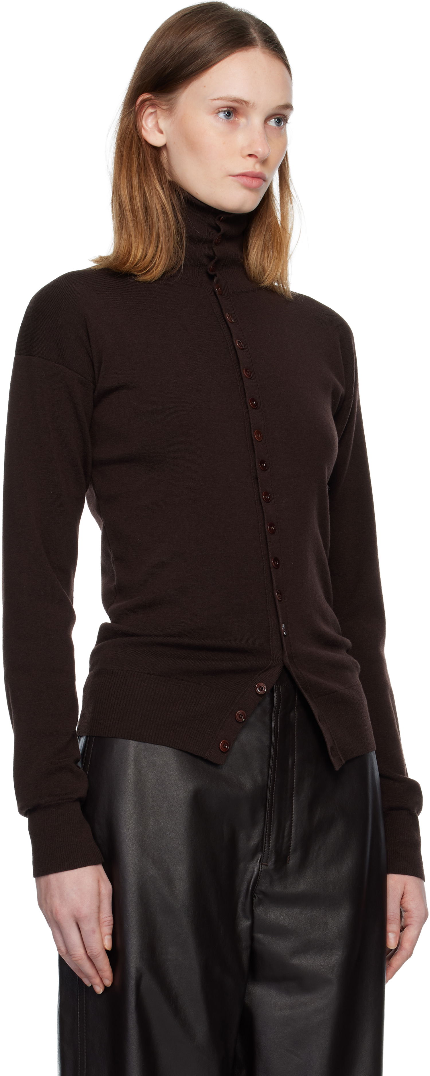 Пуловер LEMAIRE Long-Sleeve High-Neck Buttoned Fitted Knit Cardigan Кафяво | TO1431 LK1045, 1