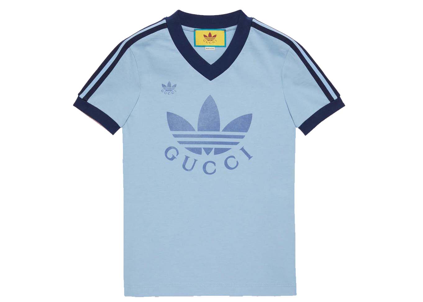 Тениска Gucci adidas x V-Neck T-Shirt Light Blue Синьо | 693636 XJEBZ 4709, 0