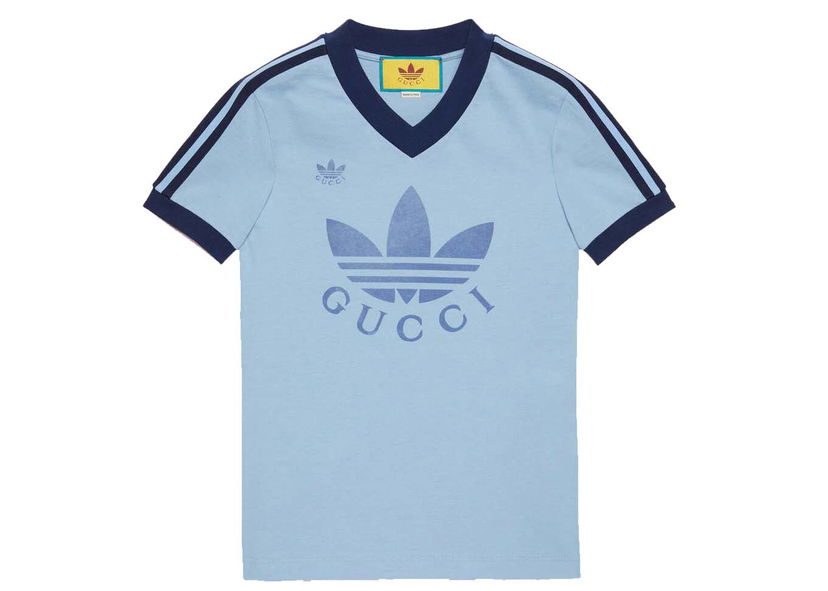 Тениска Gucci adidas x V-Neck T-Shirt Light Blue Синьо | 693636 XJEBZ 4709