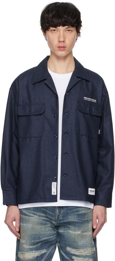 Риза Neighborhood Neighborhood Wool Open Collar Shirt Синьо | 242BENH-SHM03, 0