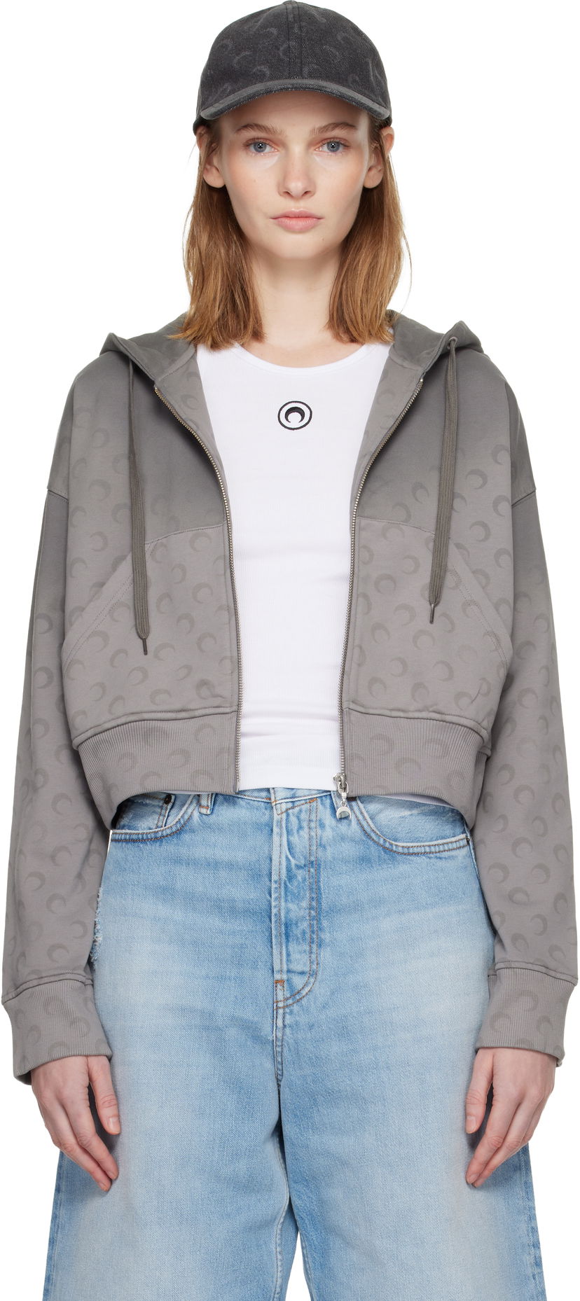 Суитчър Marine Serre Marine Serre Faded Moon Fleece Cropped Zipped Hoodie Сиво | WST019ACJER0073