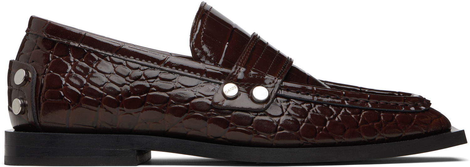 Кецове и обувки GANNI Patent Croc-Embossed Studded Loafers Кафяво | S3116, 0