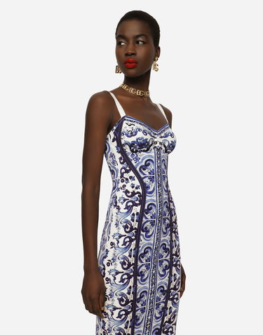 Pокля Dolce & Gabbana Dolce & Gabbana Majolica Print Charmeuse Bustier Midi Dress Синьо | F6R3OTHPABOHA3TN, 3