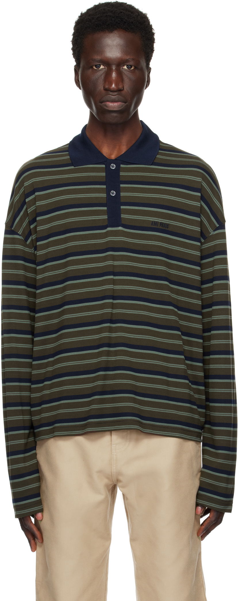 Поло тениска AMI Striped Long Sleeve Polo Зелено | HPL339.JE0093