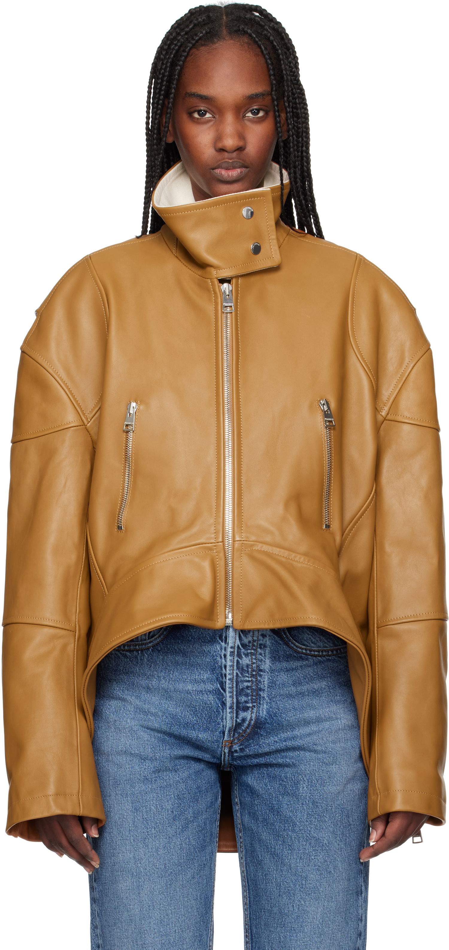 Яке JW Anderson JW Anderson Curved Hem High Neck Leather Jacket Кафяво | LJ0046-LT0117, 0
