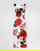Dolce & Gabbana Sleeveless Rose Print Satin Calf-Length Dress
