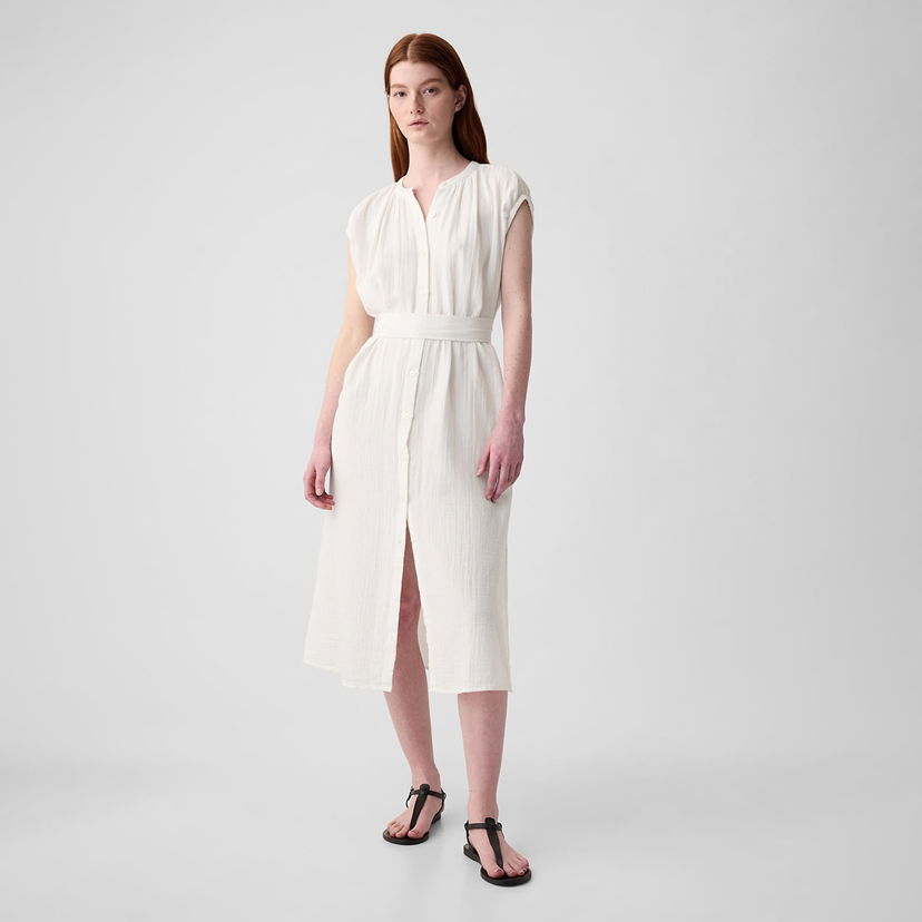 Pокля GAP Dresses Shortsleeve Gauze Tie Waist Button Down Midi Dress New Off White Бежово | 857632-01