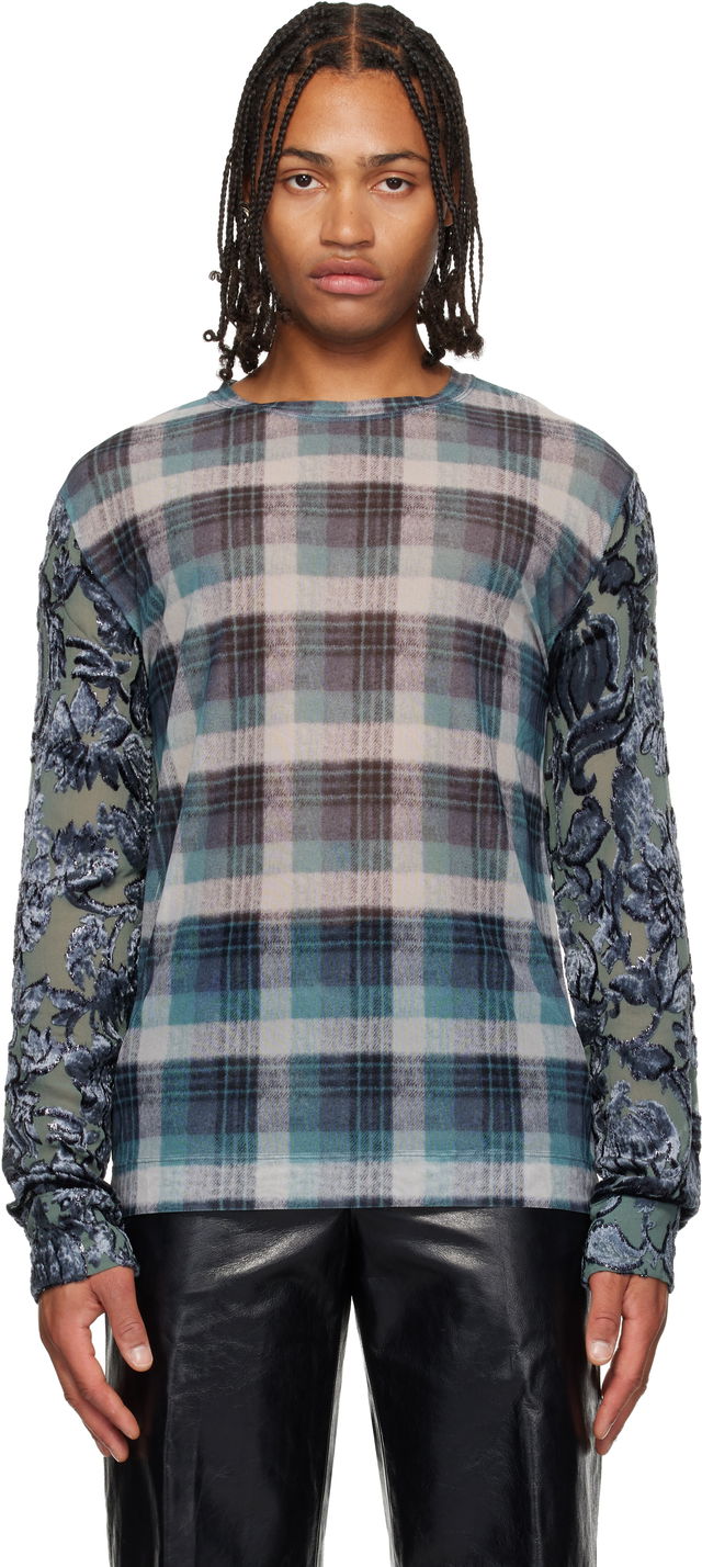 Dries Van Noten Plaid Long-sleeve with Floral Mesh Sleeves