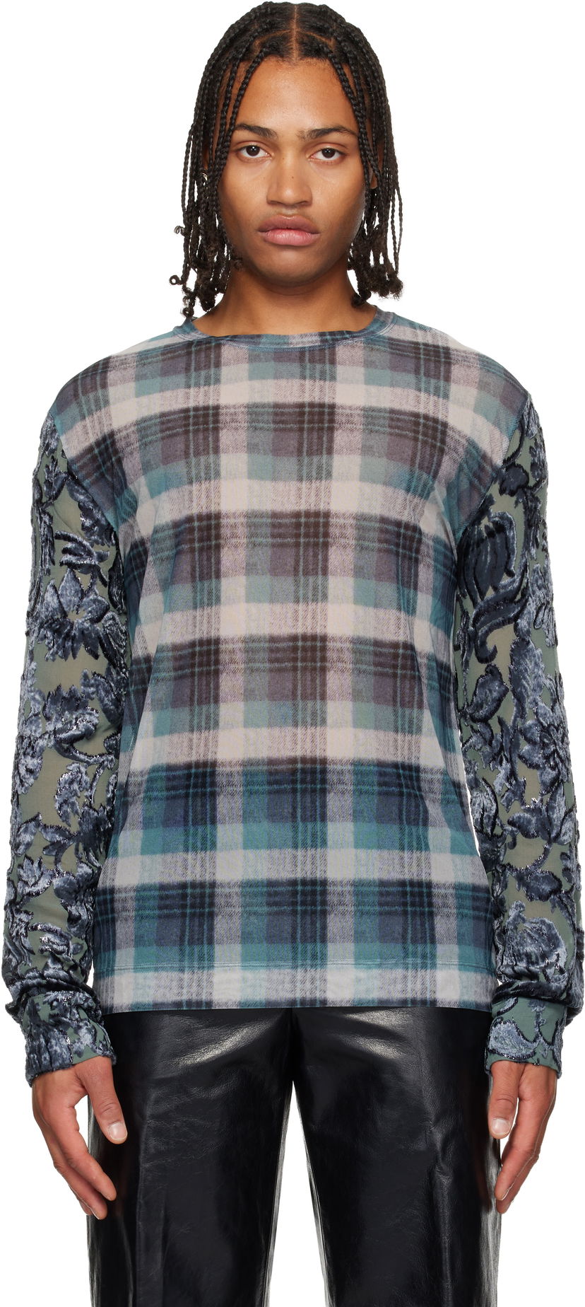 Тениска Dries Van Noten Dries Van Noten Plaid Long-sleeve with Floral Mesh Sleeves Многоцветен | 252-021135-2621
