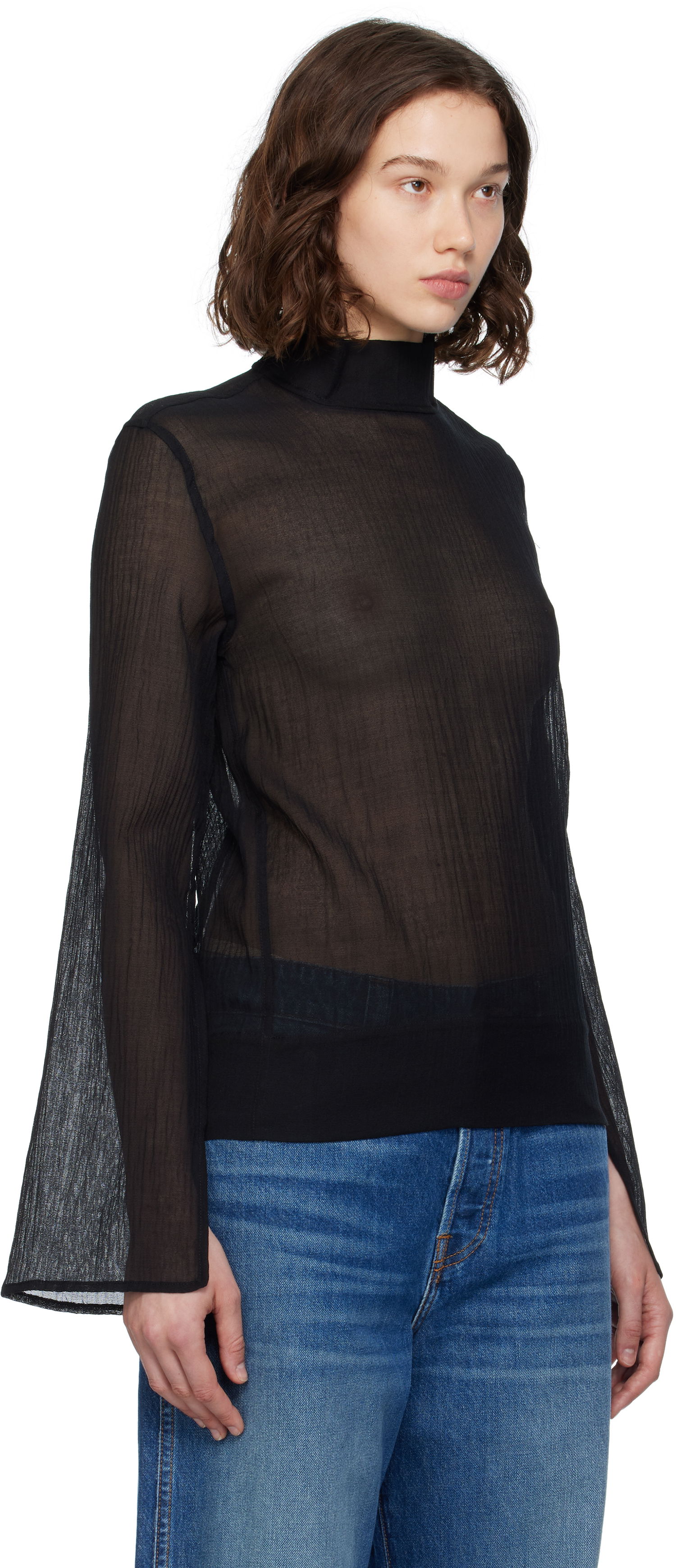 Риза TOTEME TOTEME Slit Sleeve Mock Neck Blouse Черно | 253-WRT0546-FB0462, 1